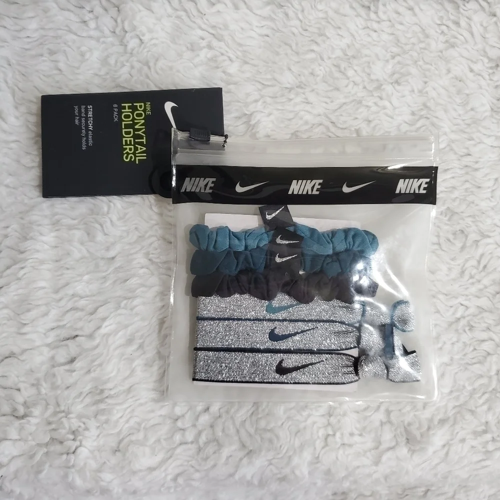 Nike Swoosh Silver Black Teal Tourquise Hair Ties Ponytail Holders 6 Pack NWT
